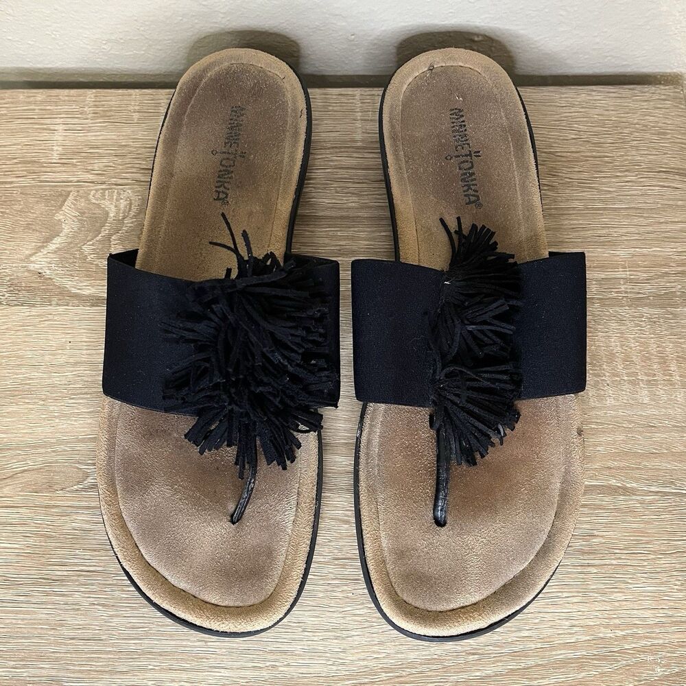 Minnetonka Tricia Women’s Thong Sandal Navy Blue Suede Fringe Size 10